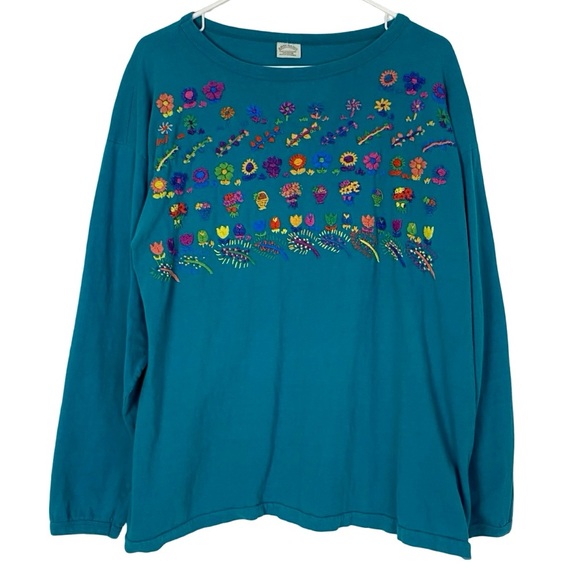 Vintage Artesania Embroidered Shirt Top Womens Size XL Turquoise Handmade Tshirt - Picture 1 of 7